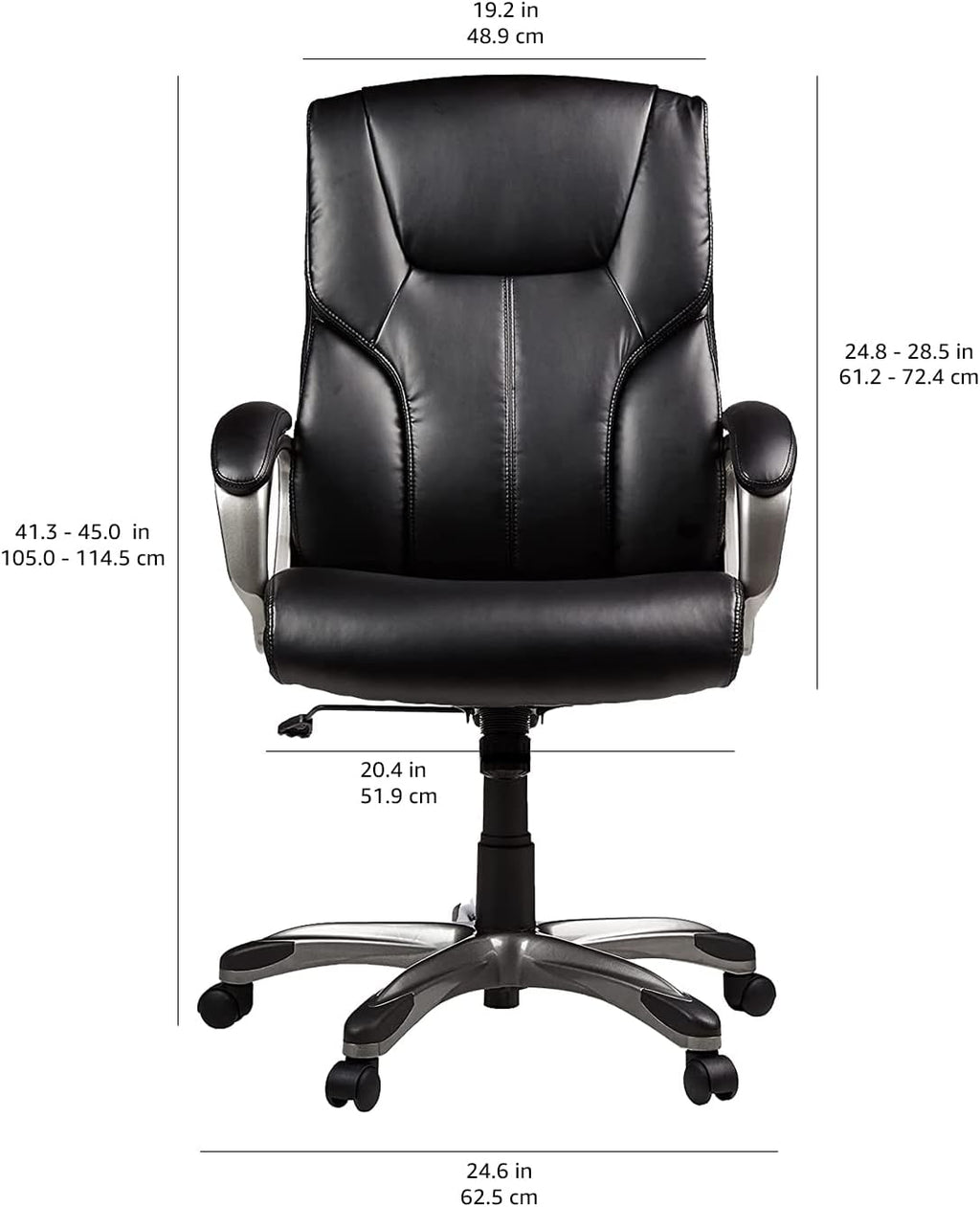 Amazon Basics Executive High Back Office Chair, Adjustable Height, Tilt, Swivel, Padded Seat, Bonded Leather, Wheels, Black/Silver