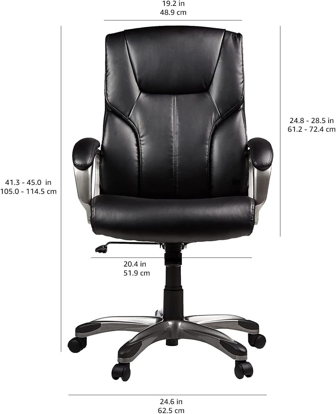 Amazon Basics Executive High Back Office Chair, Adjustable Height, Tilt, Swivel, Padded Seat, Bonded Leather, Wheels, Black/Silver