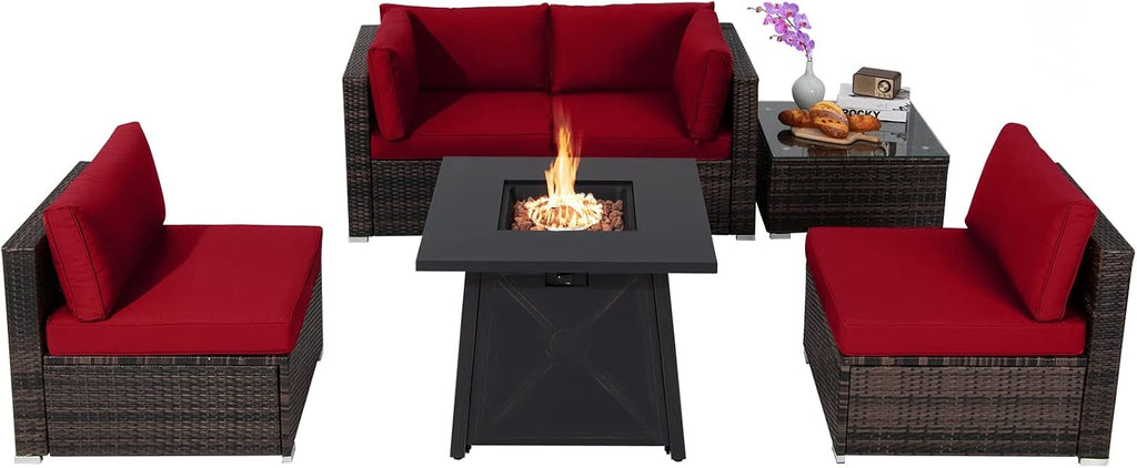 Tangkula 6-Piece Patio Furniture Set with 30' Propane Fire Pit Table, Outdoor PE Wicker Conversation Set with Cushions and Tempered Glass Coffee Table, Gas Fire Pit Table with 50,000 BTU (Red)