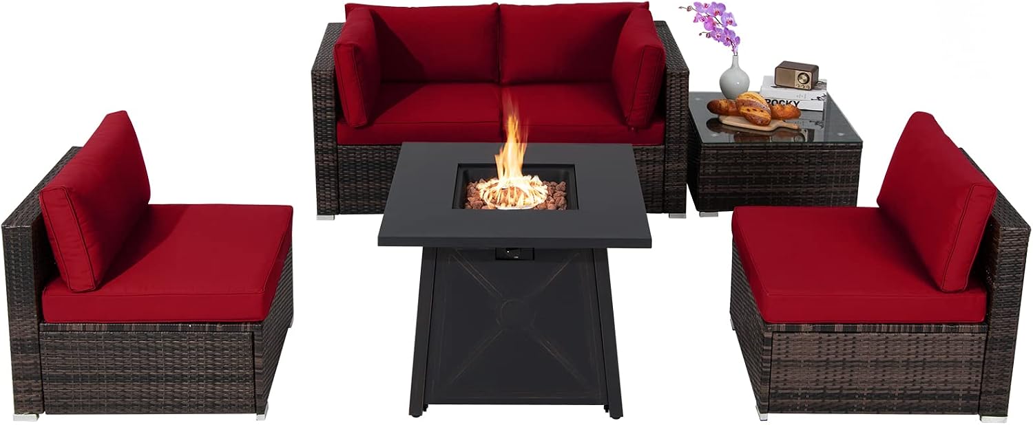 Tangkula 6-Piece Patio Furniture Set with 30' Propane Fire Pit Table, Outdoor PE Wicker Conversation Set with Cushions and Tempered Glass Coffee Table, Gas Fire Pit Table with 50,000 BTU (Red)