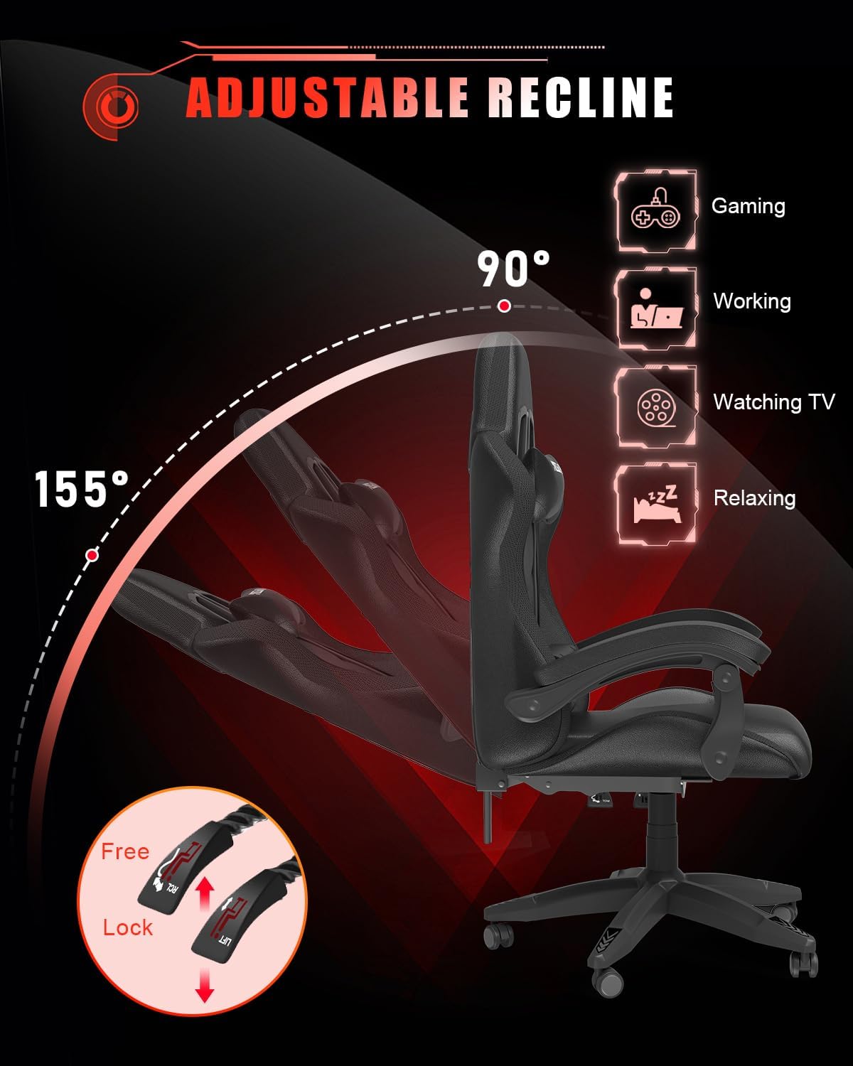 Racingreat Gaming Chair with RGB LED Lights, Ergonomic Computer Chair with Headrest and Lumbar Support, PU Leather High Back Height Adjustable Swivel Video Game Chairs for Adults(Black)