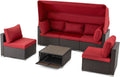 HOMREST 6 Pieces Patio Furniture Sets, Rattan Daybed with Retractable Canopy, Outdoor Sectional Sofa Set with Adjustable Backrest, Chaise Chair Sunbed for Garden Poolside Backyard(Red)