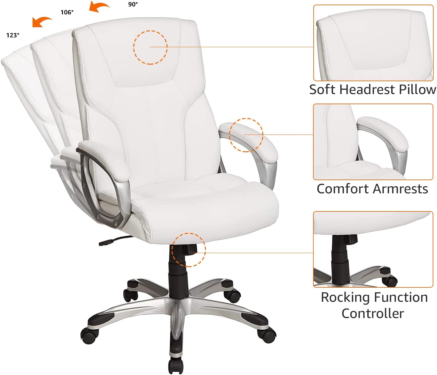 Amazon Basics Executive High Back Office Desk Chair, Adjustable Height, Tilt, Swivel, 275lb Capacity, Bonded Leather, White/Pewter