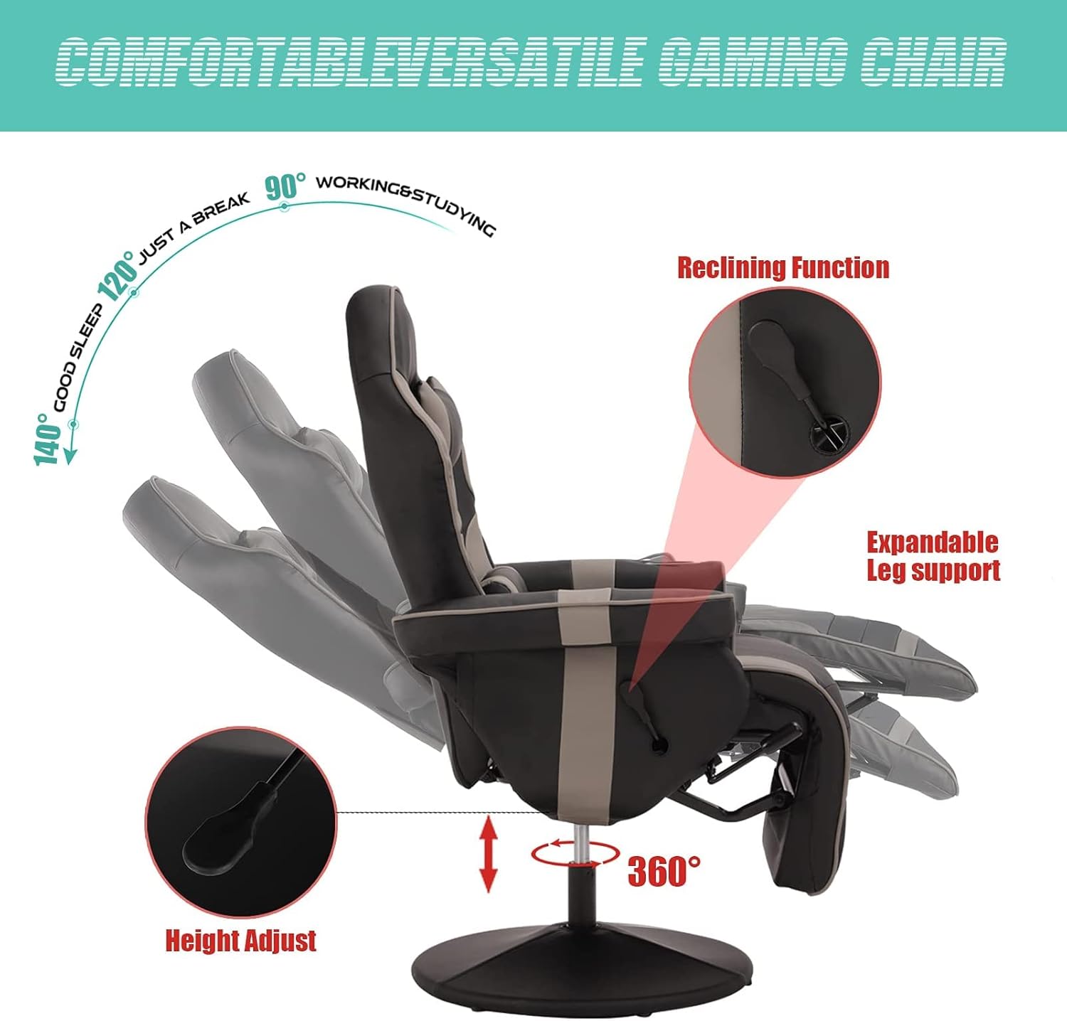 LVUYOYO Reclining Gaming Chair, Gaming Chair with Footrest and Massage, High Back PU Leather Gaming Recliner w/Adjustable Height, Swivel Game Chair with Lumbar Support, Cup Holder, Headrest