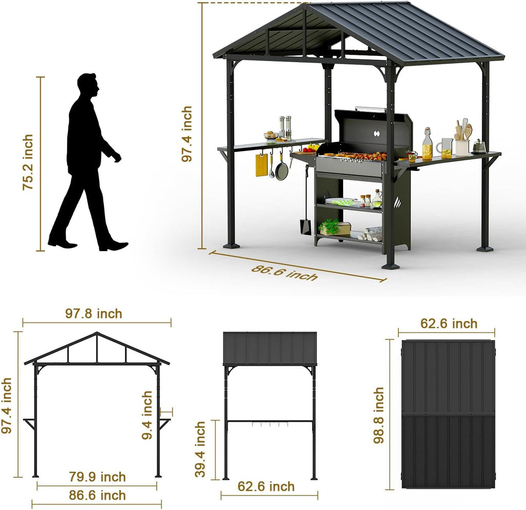 8' x 5' BBQ Gazebo Hardtop Grill Gazebo for Outdoor Grill, Heavy-Duty Aluminum Frame and Galvanized Steel Roof, Great for Patio and Backyard