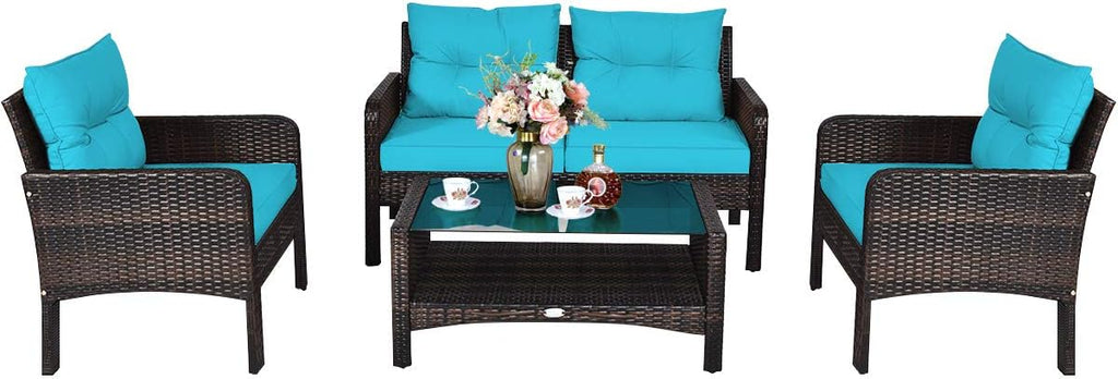 COSTWAY 4-Piece Patio Furniture Set, Sectional Wicker Rattan Sofa Chair with Cushion, Loveseat, Coffee Table with Tempered Glass and Shelf, Outdoor Conversation Sets for Poolside Porch (Turquoise)