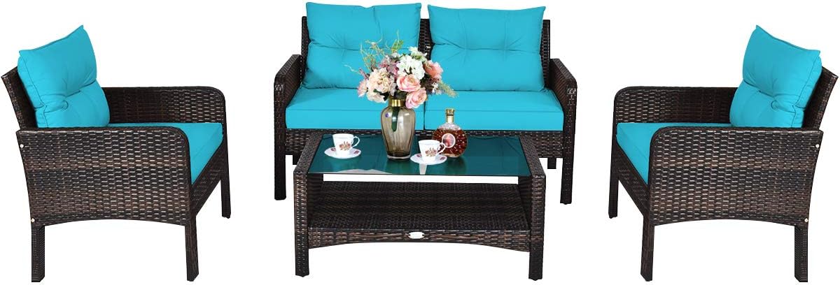 COSTWAY 4-Piece Patio Furniture Set, Sectional Wicker Rattan Sofa Chair with Cushion, Loveseat, Coffee Table with Tempered Glass and Shelf, Outdoor Conversation Sets for Poolside Porch (Turquoise)