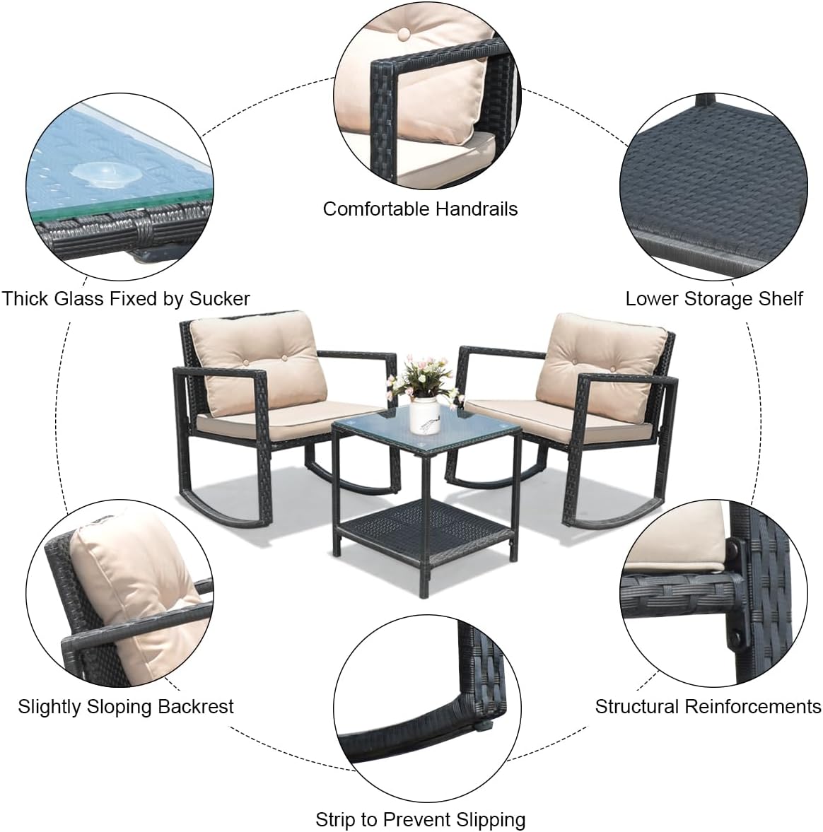 COSTWAY 3 Pieces Patio Rattan Rocking Chair Set, Outdoor Conversation Furniture Sets with Coffee Table, Storage Shelf and Cushions, Modern Bistro Set for Porch, Backyard, Garden, Beige