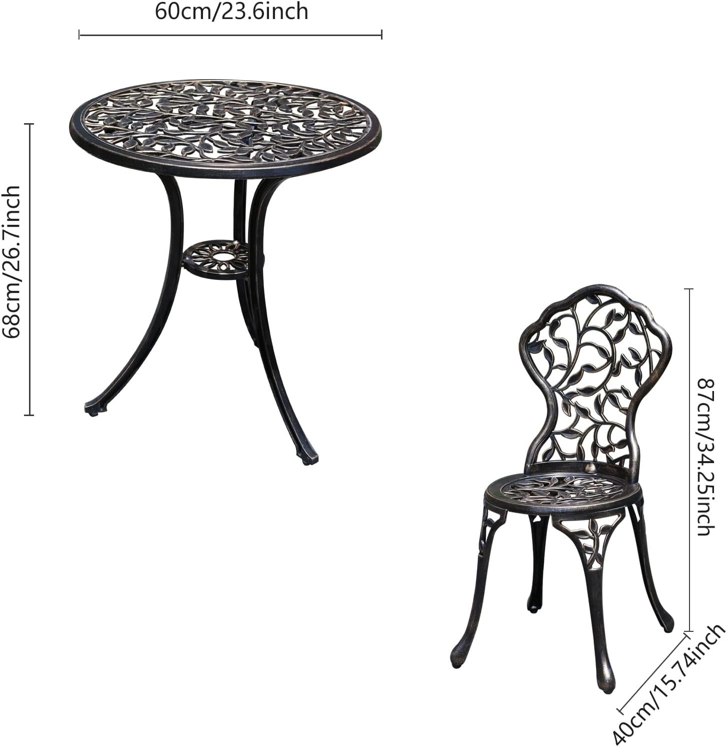 YKSY&YKSY Patio Bistro Set.Rust-Resistant Cast Aluminum Bistro Table Set with Umbrella Hole for Backyard (Leaf DESIGNCOPPER)