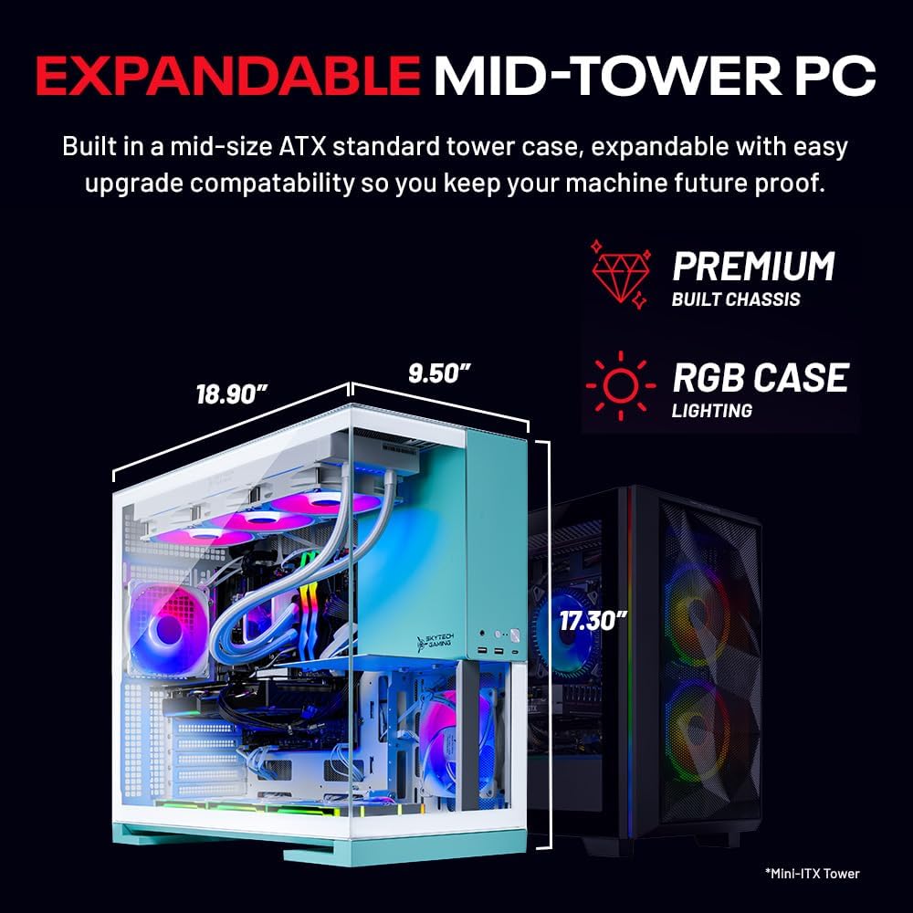 Skytech Gaming Aqua Desktop PC, Ryzen 7 9700X 3.8 GHz (5.5GHz Turbo), NVIDIA RTX 5060, 1TB NVMe SSD, 16GB DDR5 RAM 6000, 850W Gold ATX 3 PSU, 360mm ARGB AIO, Wi-Fi, Win 11