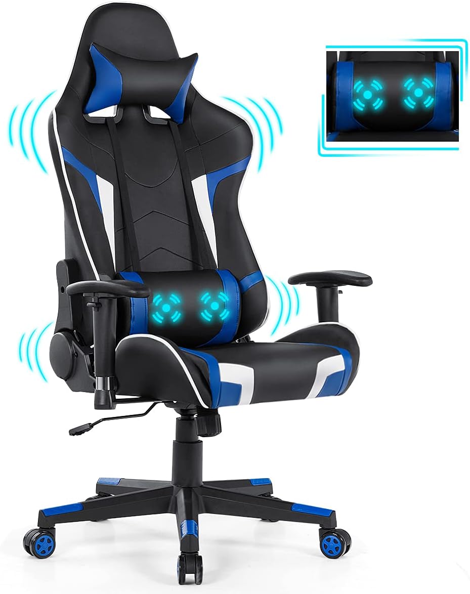 GYMAX Gaming Chair, Massage Gaming Chairs for Adults with Headrest, Lumbar Support & Armrest, Video Computer Reclining Gaming Chair, Office Desk Gamer Task Chair (Blue)