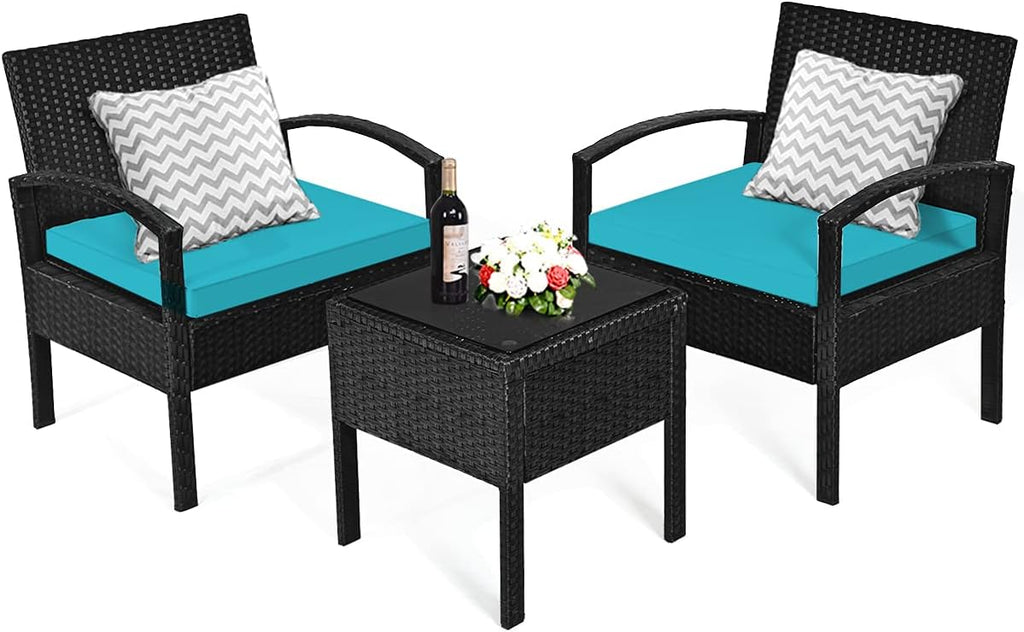 Tangkula 3 Piece Patio Conversation Set, Outdoor Rattan Sofa Set with Seat Cushions & Coffee Table, Patio Wicker Furniture Set for Garden Balcony Backyard Poolside (Turquoise)