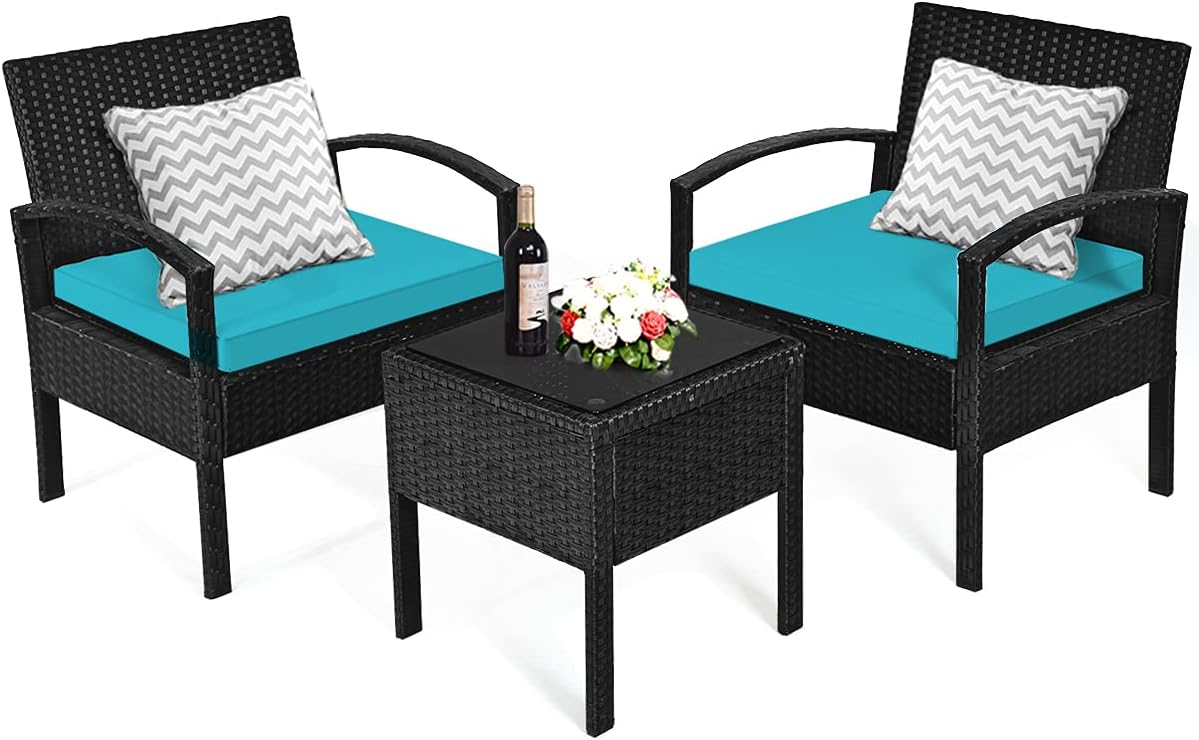 Tangkula 3 Piece Patio Conversation Set, Outdoor Rattan Sofa Set with Seat Cushions & Coffee Table, Patio Wicker Furniture Set for Garden Balcony Backyard Poolside (Turquoise)