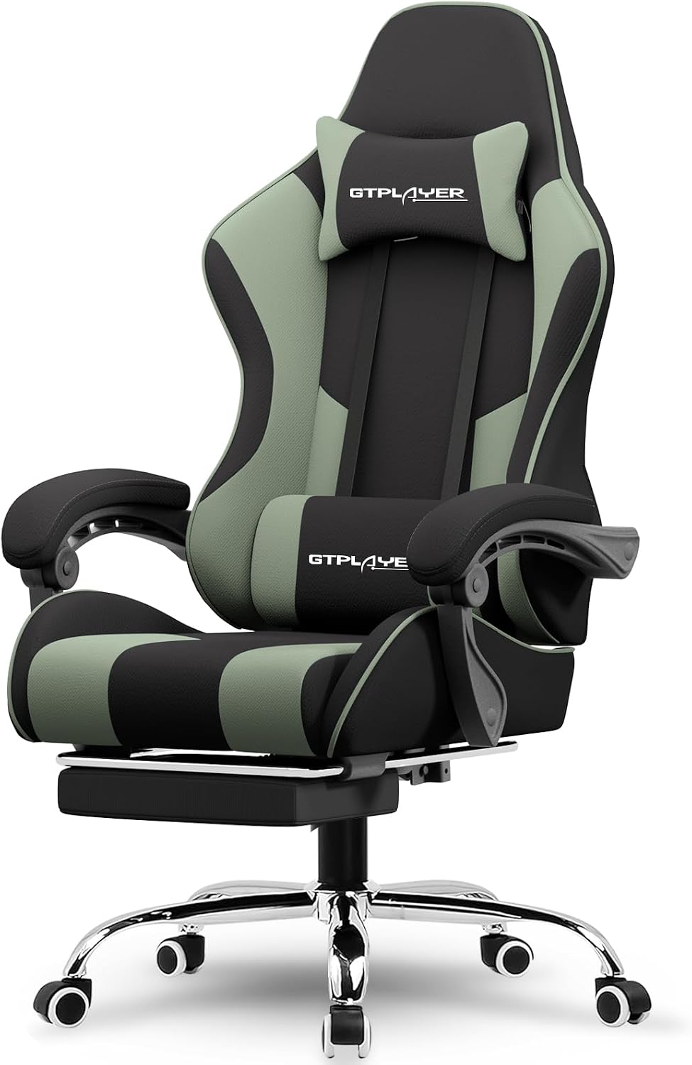 GTPLAYER Gaming Chair, Computer Chair with Footrest and Lumbar Support, Height Adjustable Game Chair with 360°-Swivel Seat and Headrest and for Office or Gaming (Green, Fabric)