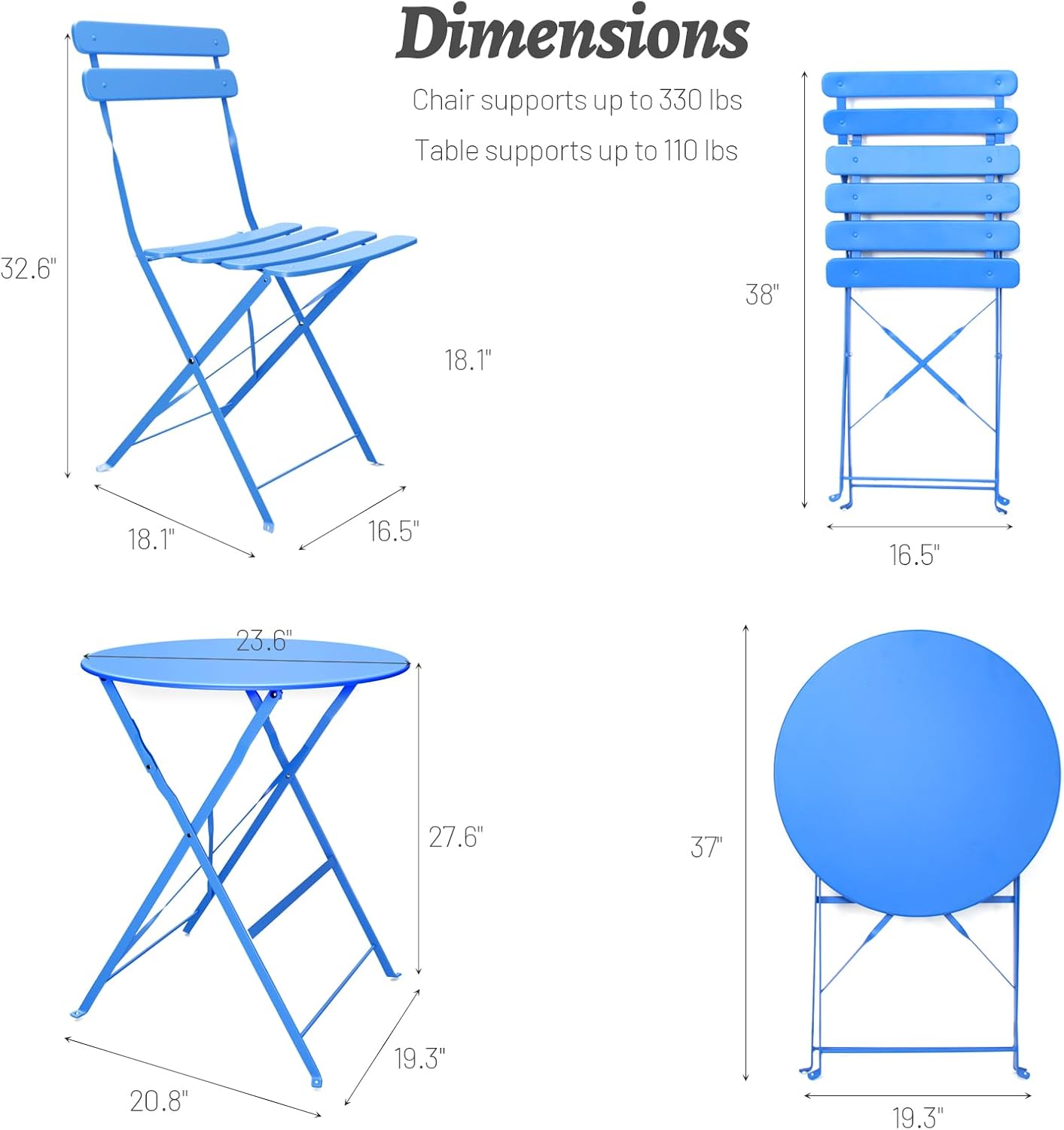 Patio Bistro Set Outdoor Furniture Set Folding Bistro Table and Chairs Conversation Set for Bistro Balcony Porch Yard Garden(Blue with Cushion)