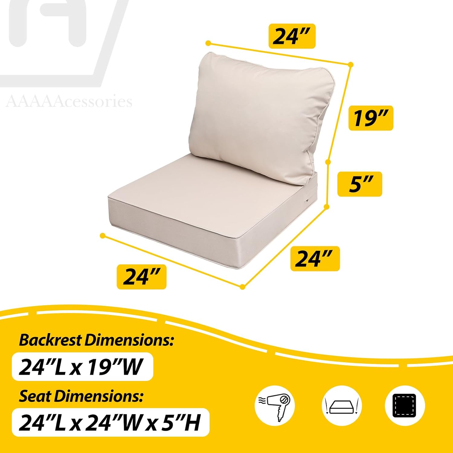 AAAAAcessories Outdoor Deep Seat Cushions, Waterproof, Fade-Resistant Patio Furniture Replacement Cushions, 24' x 24' x 5', Set of 4, Khaki Beige