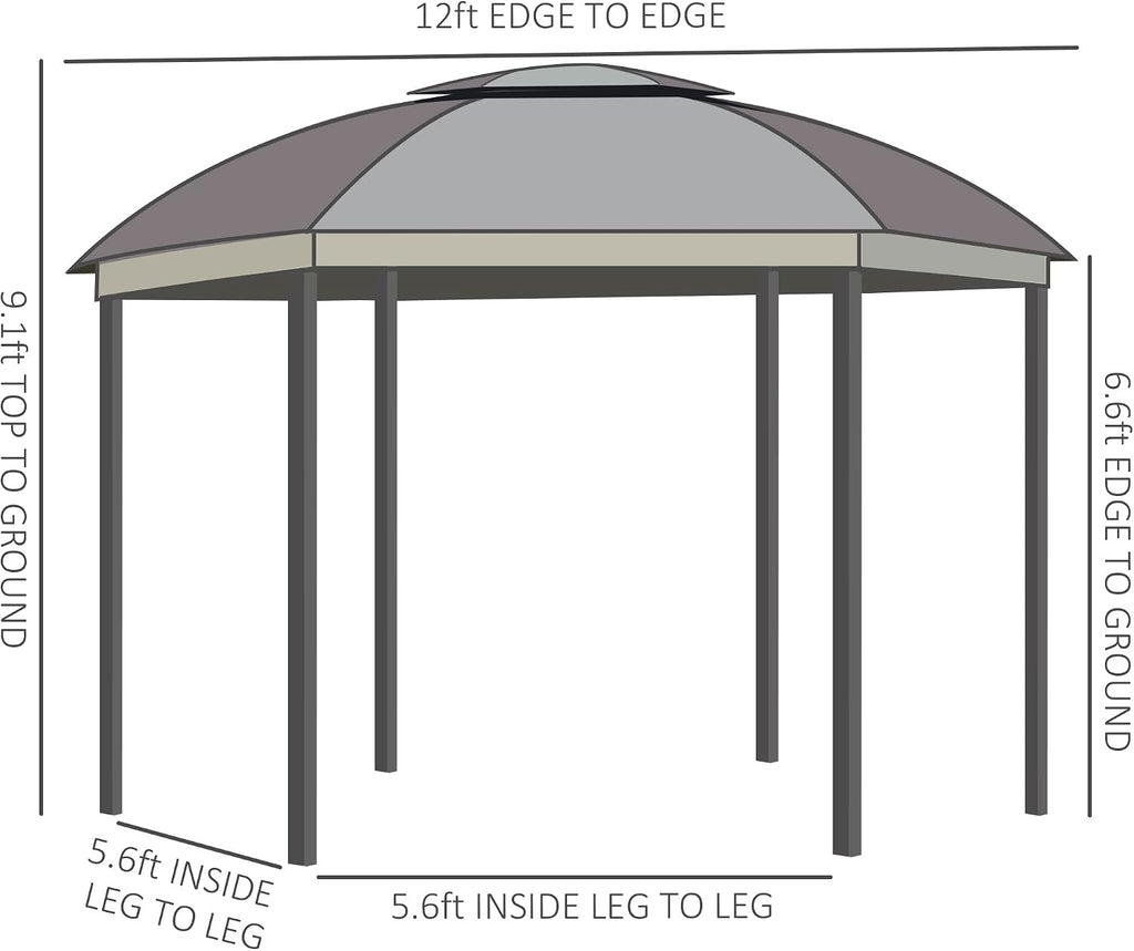 Outsunny 12' x 12' Round Outdoor Gazebo, Patio Dome Gazebo Canopy Shelter with Double Roof, Netting Sidewalls and Curtains, Zippered Doors, Strong Steel Frame, Brown