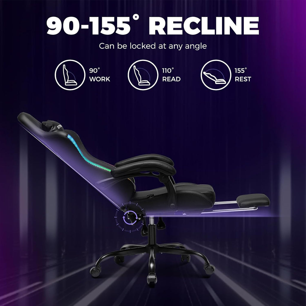 GTPLAYER RGB Gaming Chair with Footrest, Computer Gaming Chair with LED Lights for Adults, Height Adjustable PC Gamer Chair with 90-155° Recline & Removable Headrest Lumbar Support, RGB Black