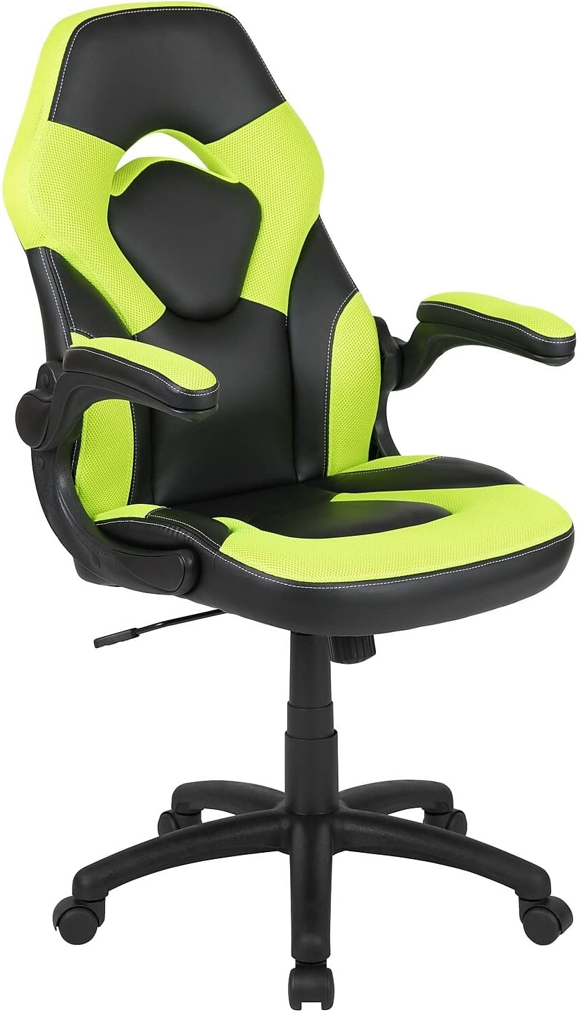 Flash Furniture X10 Gaming Chair Racing Office Ergonomic Computer PC Adjustable Swivel Chair with Flip-up Arms, Neon Green/Black LeatherSoft