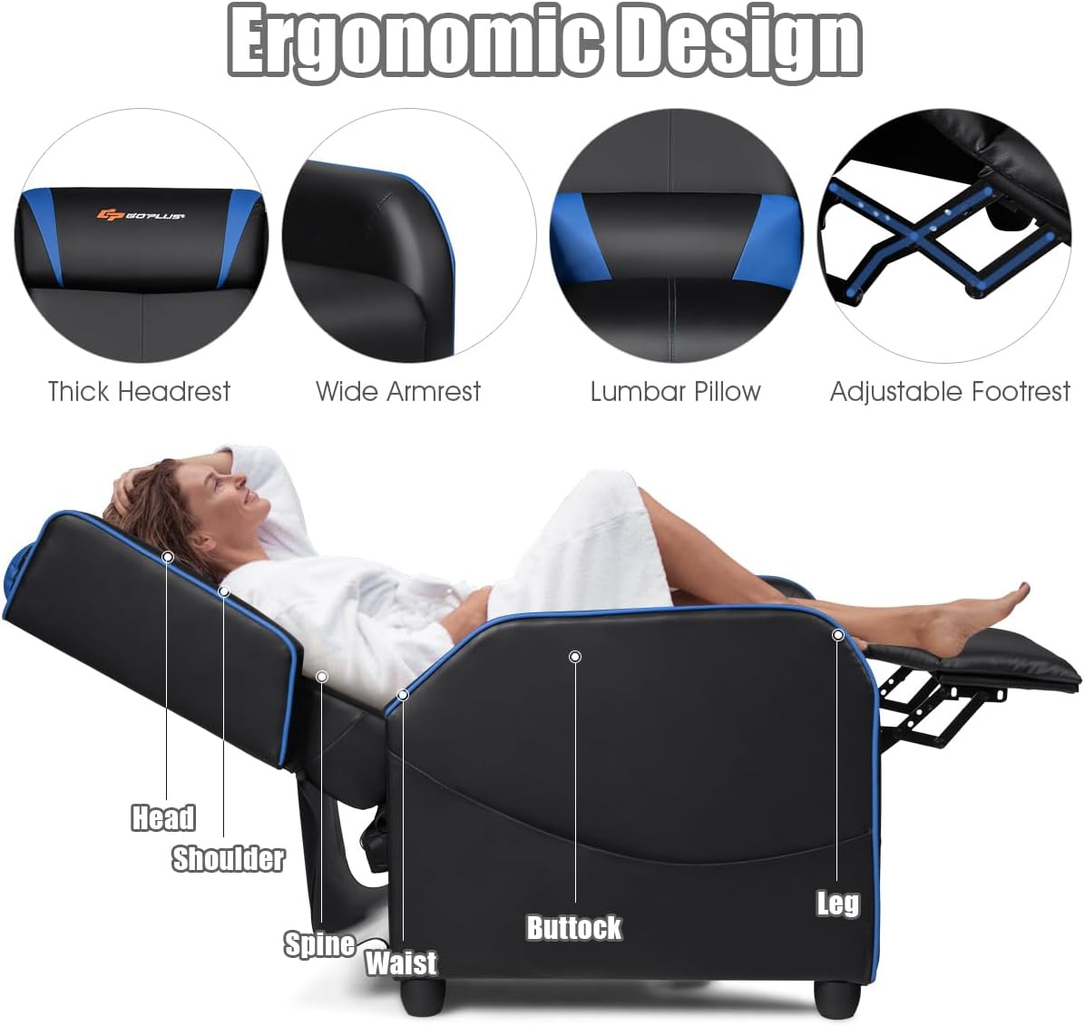 Goplus Massage Gaming Recliner Chair, Racing Style PU Leather Single Recliner Sofa with Footrest, Adjustable Modern Living Room Recliners, Ergonomic Home Theater Recliner Seat (Blue)