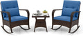 ORALNER 3 Pieces Patio Furniture Set, Outdoor Wicker Rocking Chairs with Cushions, Pillows, Glass Coffee Table, Rattan Bistro Rocker Set for Balcony Front Porch Poolside Garden Deck Yard (Navy)