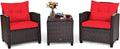COSTWAY 3PCS Patio Furniture Set, PE Rattan Wicker Sofa w/Washable Cushion and Coffee Table, Tempered Glass Tabletop, Outdoor Conversation Set for Balcony, Porch, Yard, Backyard, Lawn, Red