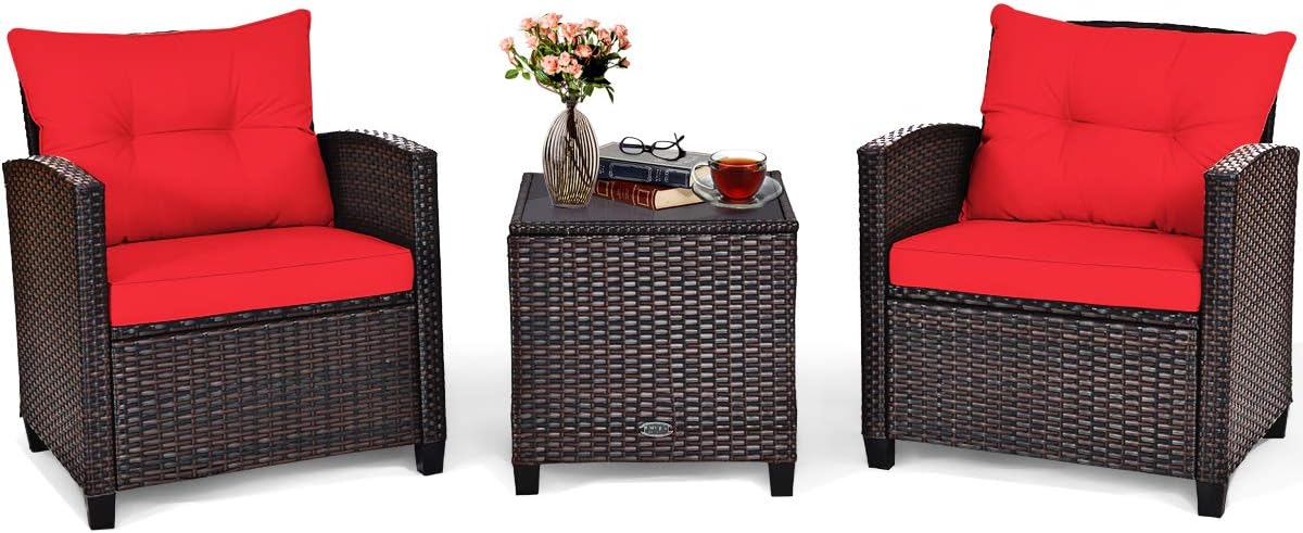 COSTWAY 3PCS Patio Furniture Set, PE Rattan Wicker Sofa w/Washable Cushion and Coffee Table, Tempered Glass Tabletop, Outdoor Conversation Set for Balcony, Porch, Yard, Backyard, Lawn, Red