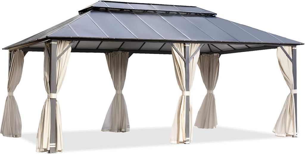 EROMMY 12' x 20' Gazebo Outdoor Double Roof Aluminum Composite Canopy Aluminum Frame Pavilion with Curtains and Netting for Patio Lawn Garden Backyard
