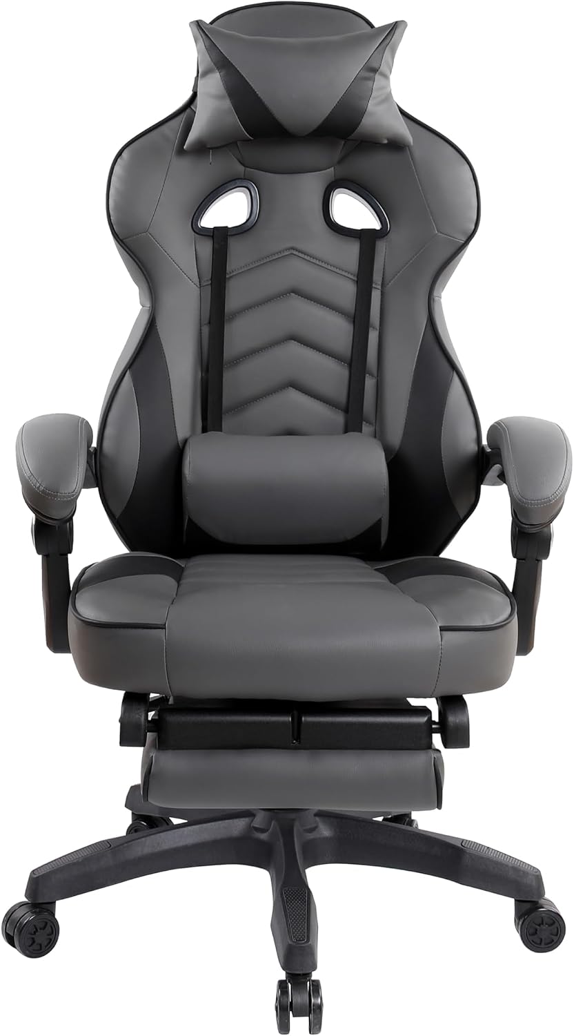 Executive Office or Gaming Chair with Footrest, Padded PU Leather Office Chair with 150-Degree Recline, Lumbar Support & Headrest Pillow, Grey