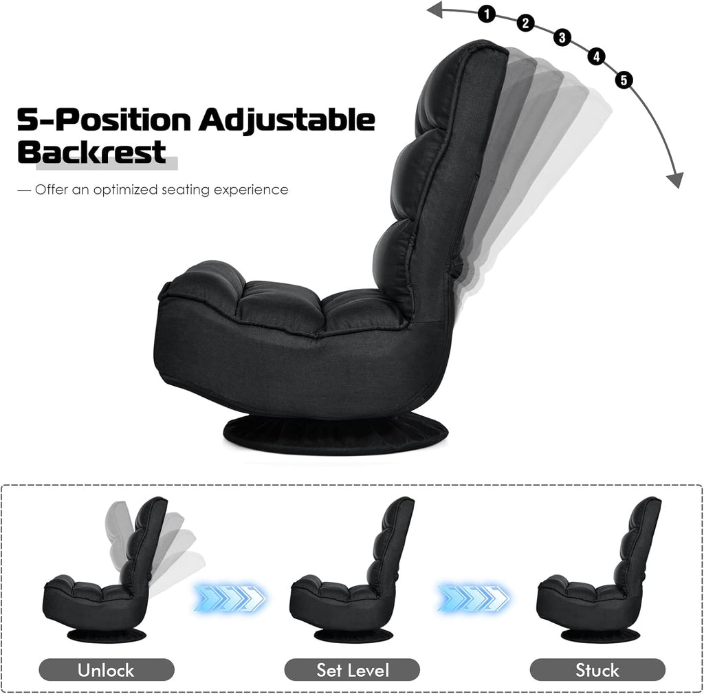 COSTWAY Folding Floor Chair, Adjustable 5-Position Video Gaming Chair with 360 Degree Swivel, Detachable Cover, Padded Backrest, Multipurpose Living Room Floor Lounger for TV, Reading, Playing (Black)