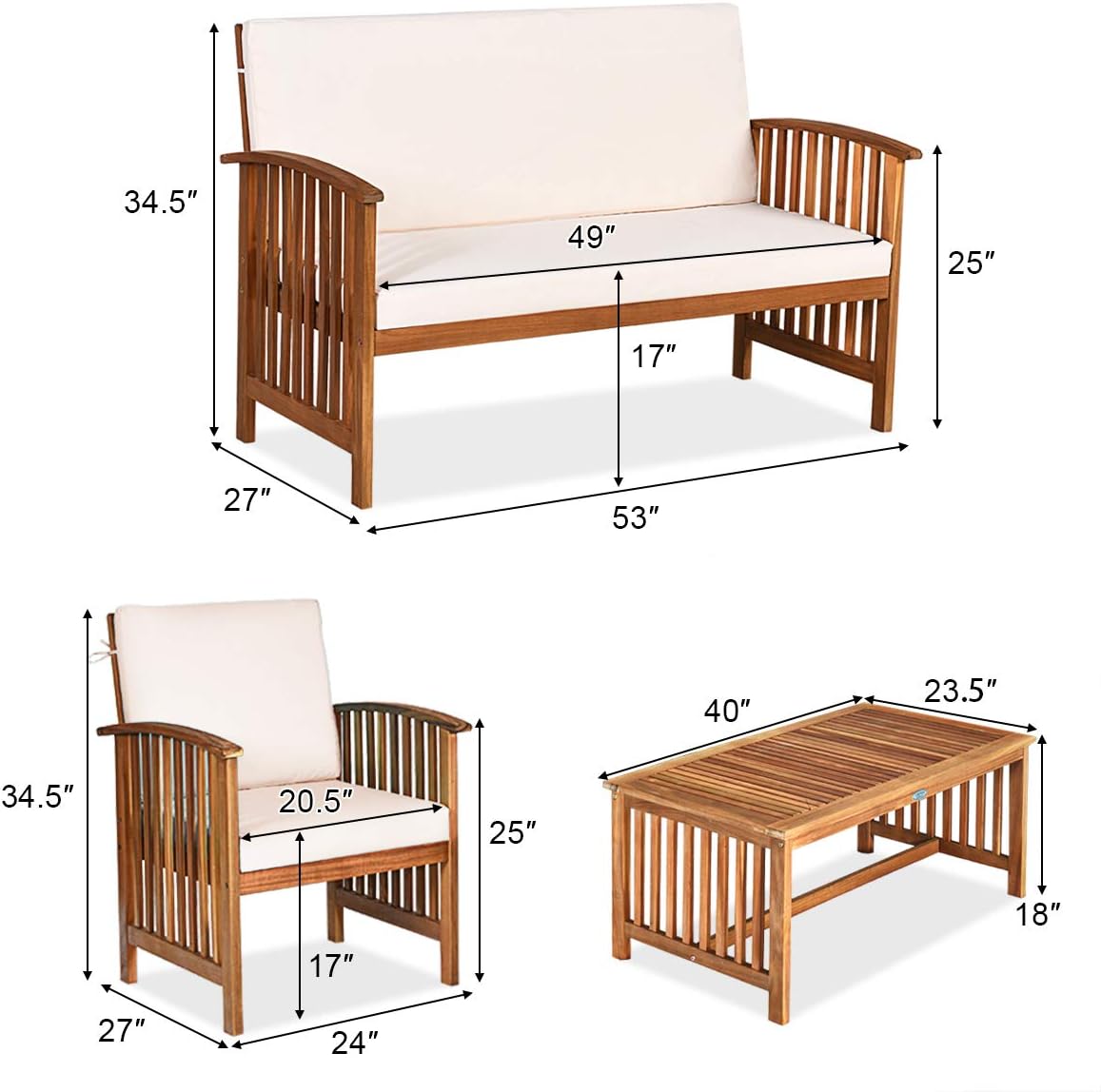 Tangkula Outdoor 8 Pcs Acacia Wood Sofa Set w/Water Resistant Cushions, Padded Patio Seating Chat Set w/Coffee Table for Garden, Backyard, Poolside (2, White)