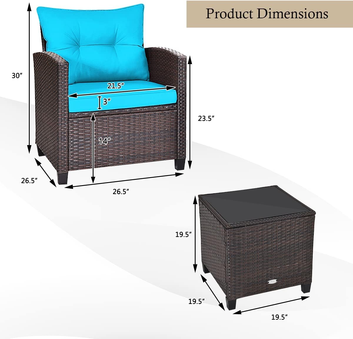 KOTEK 3 Piece Patio Furniture Set, Outdoor Conversation Set with Washable Cushions & Tempered Glass Tabletop, PE Rattan Wicker Bistro Set for Porch, Garden, Balcony (Turquoise)