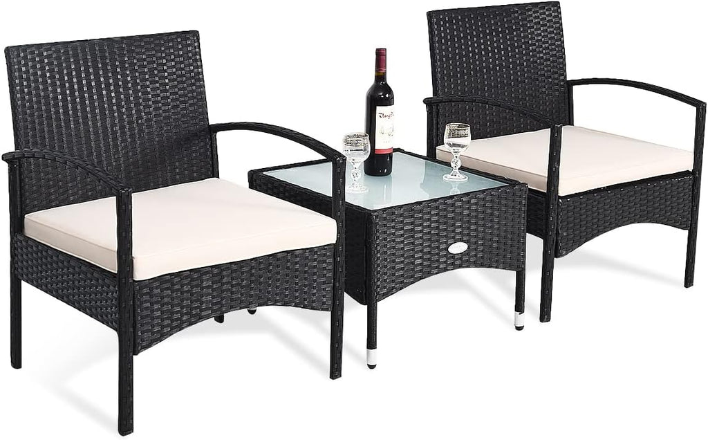 COSTWAY 3 PCS Patio Wicker Conversation Set, PE Rattan Sofa with Tempered Glass Coffee Table, 2 Chairs, 2 Cushions, Outdoor Patio Furniture Set for Yard Porch Bistro Balcony Backyard Pool, White