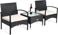 COSTWAY 3 PCS Patio Wicker Conversation Set, PE Rattan Sofa with Tempered Glass Coffee Table, 2 Chairs, 2 Cushions, Outdoor Patio Furniture Set for Yard Porch Bistro Balcony Backyard Pool, White