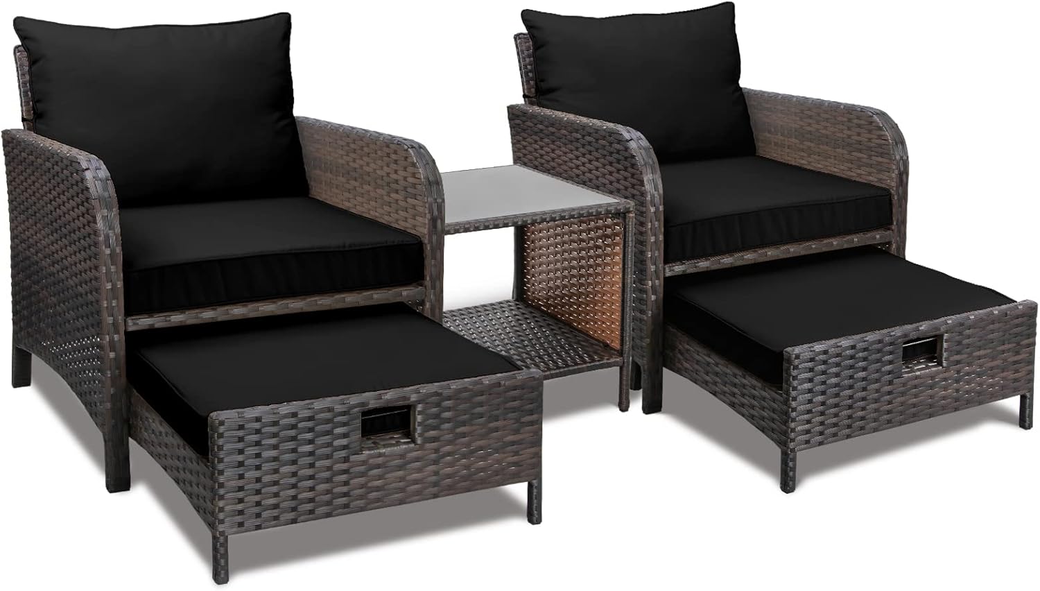 LEVELEVE Balcony Furniture 5 Piece Patio Conversation Set, PE Wicker Rattan Outdoor Lounge Chairs with Soft Cushions 2 Ottoman&Glass Table for Porch, Lawn-Brown Wicker（Black