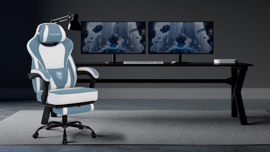 Vonesse Gaming Chair, Reclining Fabric Gaming Chairs for Adults 250LBS, Office Chair with Pocket Spring Cushion, Computer Chair with Footrest and Massage Lumbar Support (Blue)