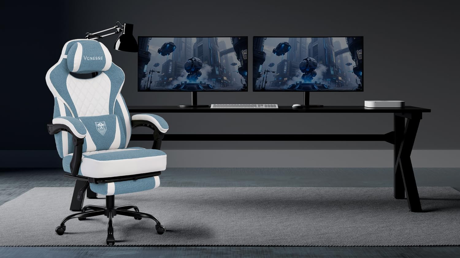 Vonesse Gaming Chair, Reclining Fabric Gaming Chairs for Adults 250LBS, Office Chair with Pocket Spring Cushion, Computer Chair with Footrest and Massage Lumbar Support (Blue)