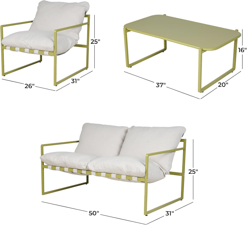 Grand patio 4-Piece Outdoor Furniture Set, Modern Patio Furniture with Soft Cushions, Small Metal Sofa Couch with Coffee Table, Conversation Set for Porch Deck Balcony Backyard Living Room, Green