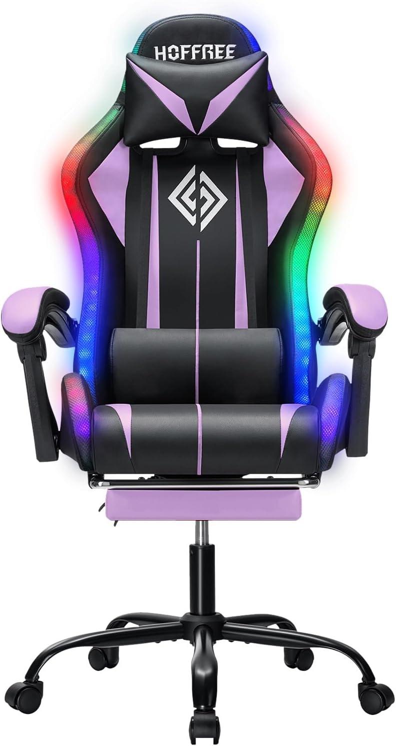 RGB Gaming Chair Massage with LED Lights Ergonomic Computer Gaming Chair with Footrest High Back Video Game Chairs with Adjustable Lumbar Support Purple and Black