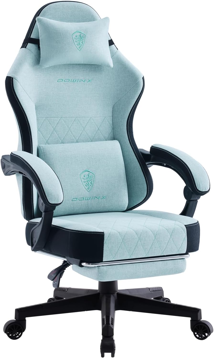 Dowinx Gaming Chair, Fabric Gaming Chairs for Adults with Pocket Spring Cushions and Lumbar Support, Ergonomic Massage Computer Chair with Footrest for Big and Tall, Aqua