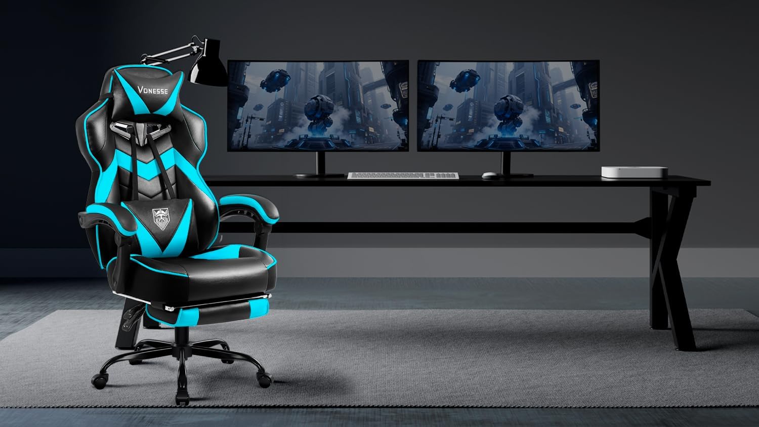 Vonesse Gaming Chair, High Back Gaming Chair with Footrest and Massage, Gaming Chairs for Adults with Pocket Spring Cushion, Big and Tall Reclining Computer Chair with Lumbar Support (Cyan/Black)