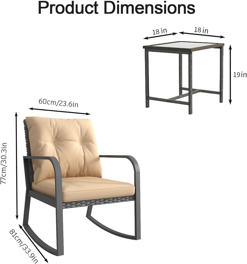3 Piece Patio Outdoor Rocking Chair, Outdoor Bistro Sets Wicker Patio Furniture Rocking Chairs Sectional Couch (Khaki)