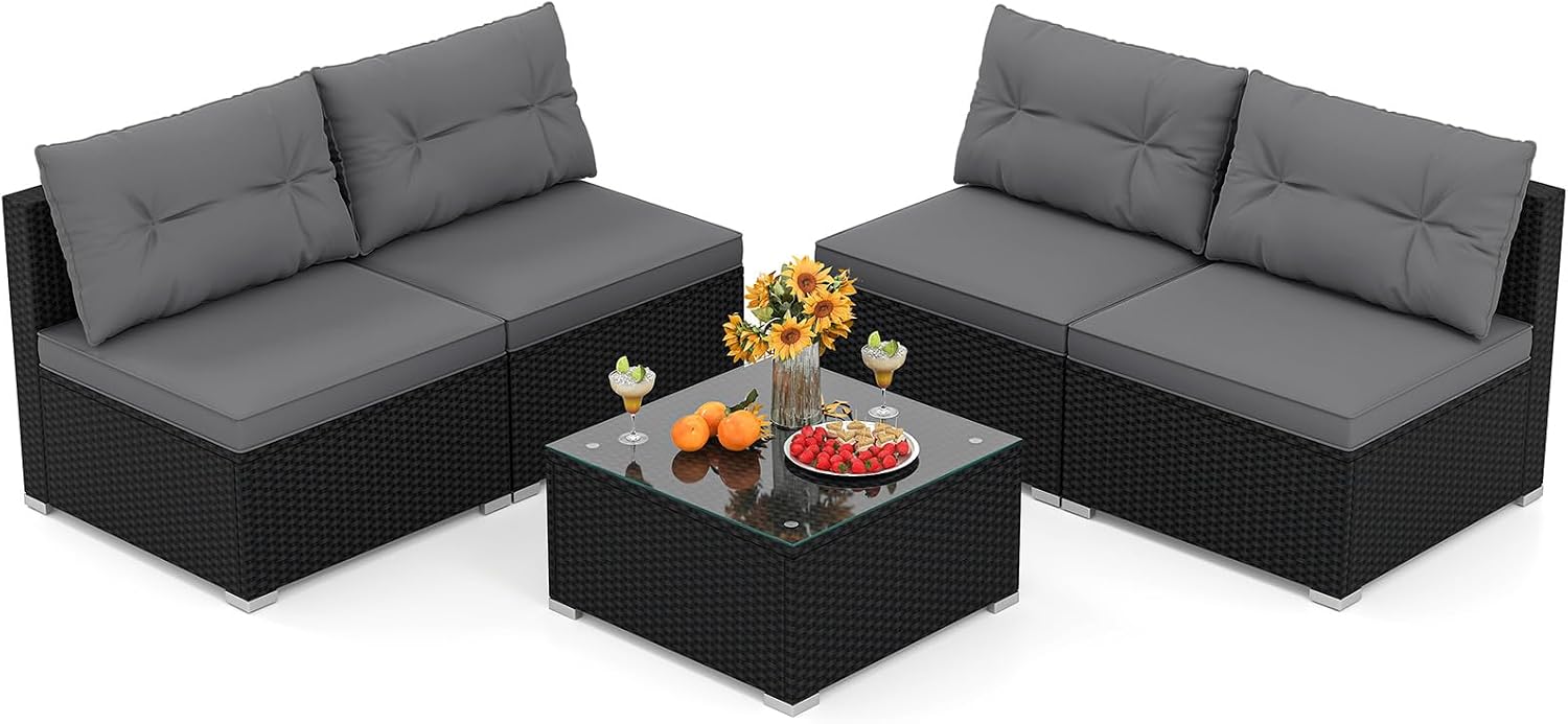 Tangkula 5 Piece Rattan Sofa Set, Outdoor Wicker Furniture Set w/Seat & Back Cushions, Square Coffee Table, Patio Sectional Sofa Set for Backyard, Poolside, Garden (Grey)