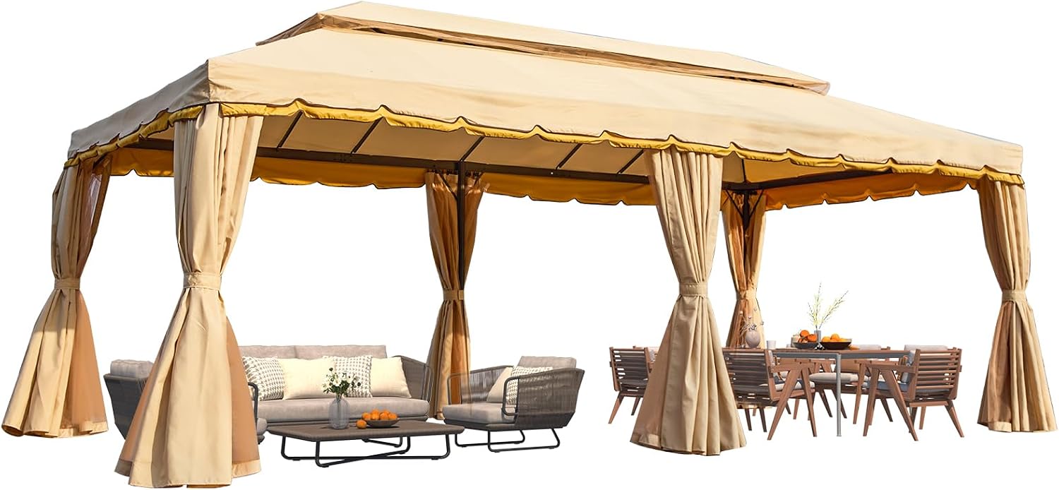 Erommy 10x20 Outdoor Canopy Gazebo, Double Roof Patio Gazebo Steel Frame with Netting and Shade Curtains for Garden,Patio,Party Canopy, Beige
