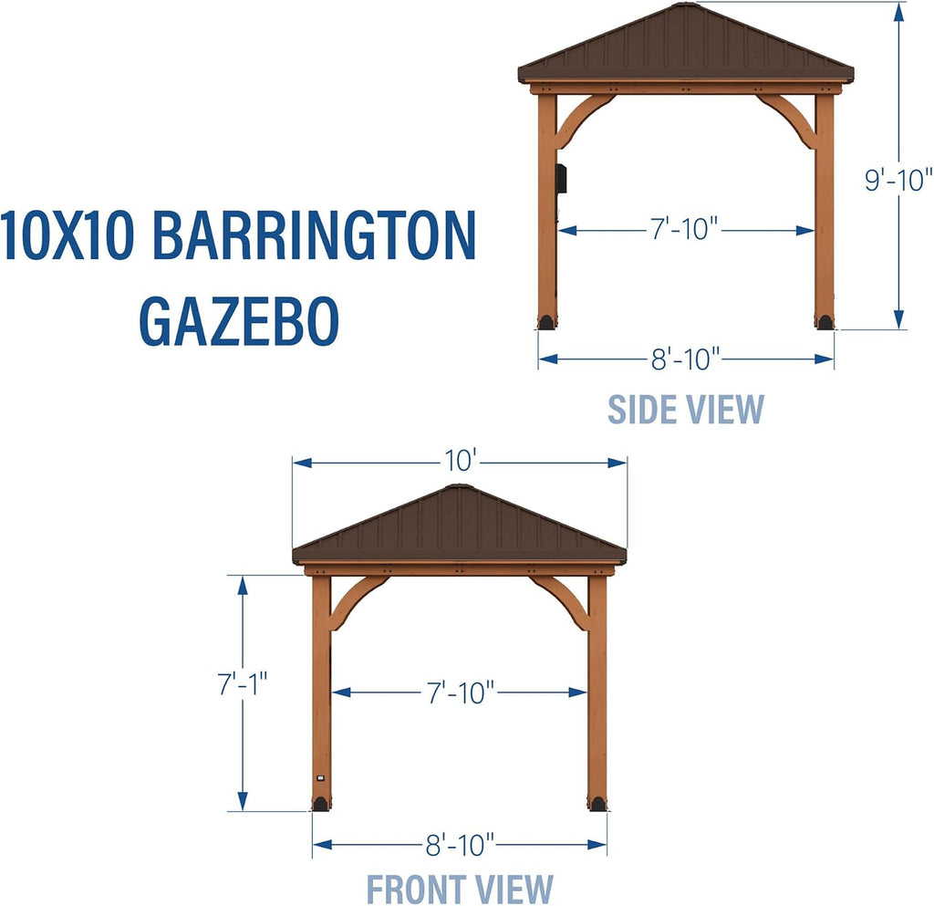 Backyard Discovery Barrington 10' x 10' Cedar Wood Outdoor Gazebo Pavilion with Hardtop Galvanized Steel Hip Roof, Snow Support, Wind Resistance, PowerPort, Shade for Garden, Patio, Deck, Entertaining