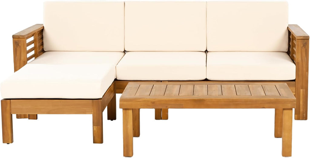 Christopher Knight Home Havets 3 Pieces Outdoor Acacia Furniture Set, Slat Panel Couch, Spacious Seating Armchair, 6' Thick Cushions Sofa and Coffee Table Set for Backyard Garden Balcony, Teak+Beige
