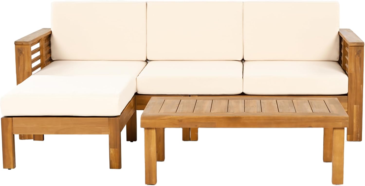 Christopher Knight Home Havets 3 Pieces Outdoor Acacia Furniture Set, Slat Panel Couch, Spacious Seating Armchair, 6' Thick Cushions Sofa and Coffee Table Set for Backyard Garden Balcony, Teak+Beige
