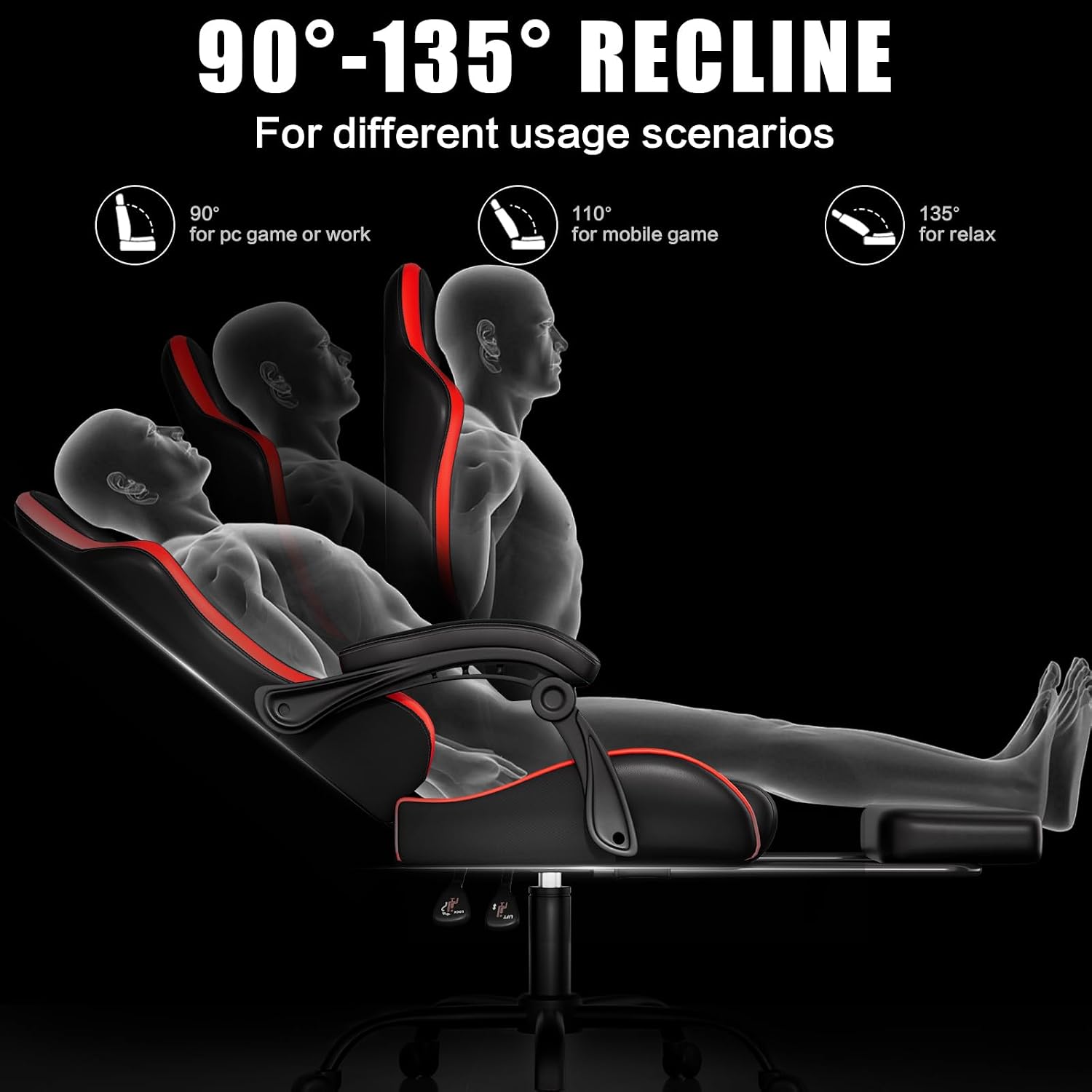 Czlolo Gaming Chair, Ergonomic Office Computer Chair with Footrest and Lumbar Support Massager Racing Style High Back Video Gamer Chair, Wide＆Thick Cushion, 90°-135° Recline, Adjustable Height, Red