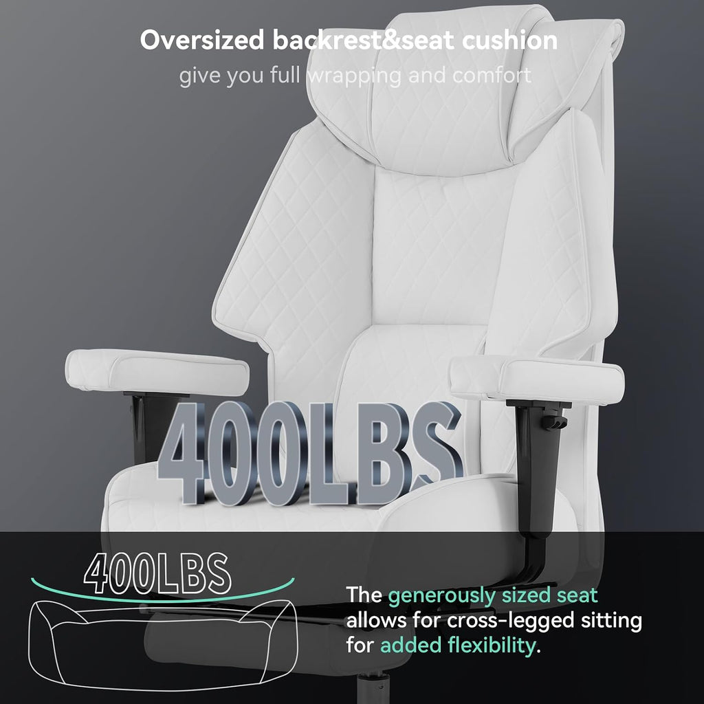 EXCEBET Big and Tall Office Chair with Footrest, PU Leather High Back Executive Office Chair 400lbs, Ergonomic Computer Chairs Lumbar Support for Heavy People (White)