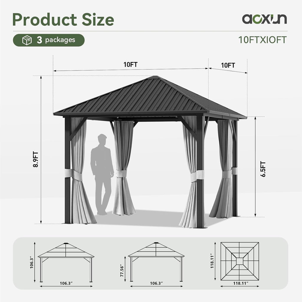 Aoxun Hardtop Gazebo 10x10, Aluminum Frame Canopy with Galvanized Steel Roof, Outdoor Gazebo with Breathable Netting and Privacy Curtain for Backyard